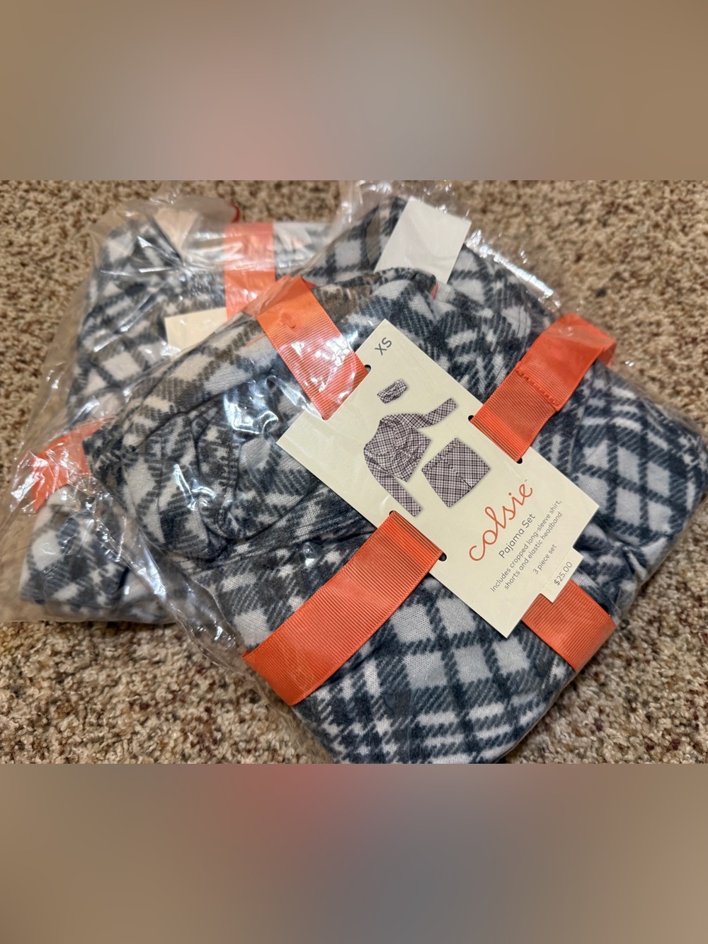 Colsie Gray & White Plaid Cropped Pajama Set with Headband Bundle of 2 XS NWT